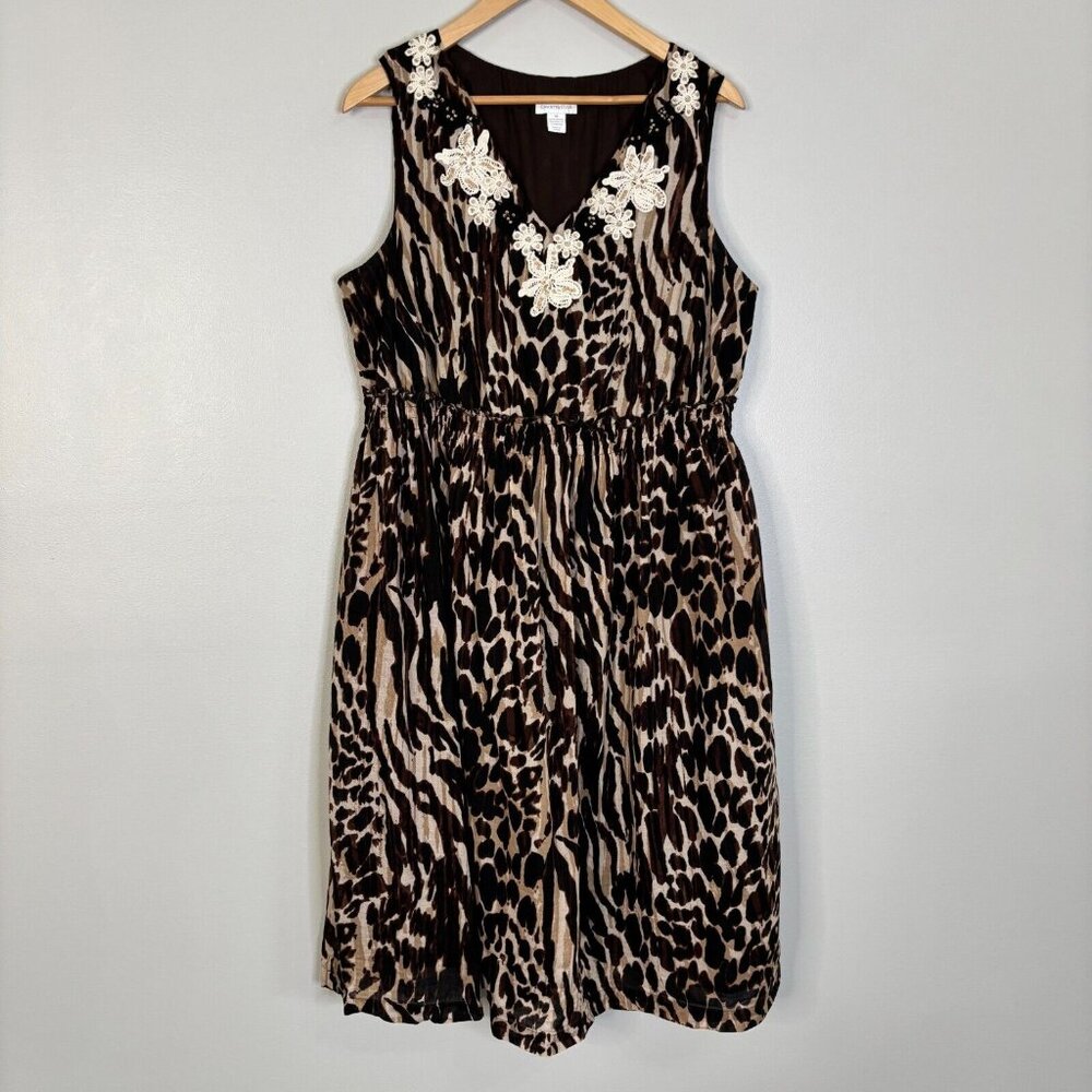 Charter Club Midi Dress 14 Brown Animal Print Elastic Waist Crochet Beaded